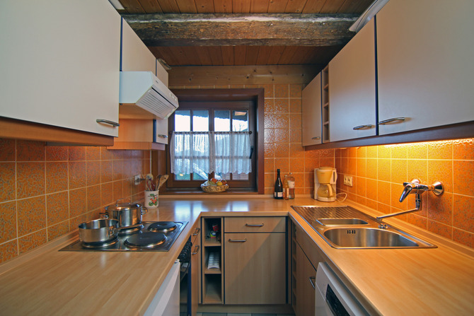 Ferienwohnung in &Ouml;lendorf - Reetdach-Kate Ost - K&uuml;che mit Sp&uuml;lmaschine